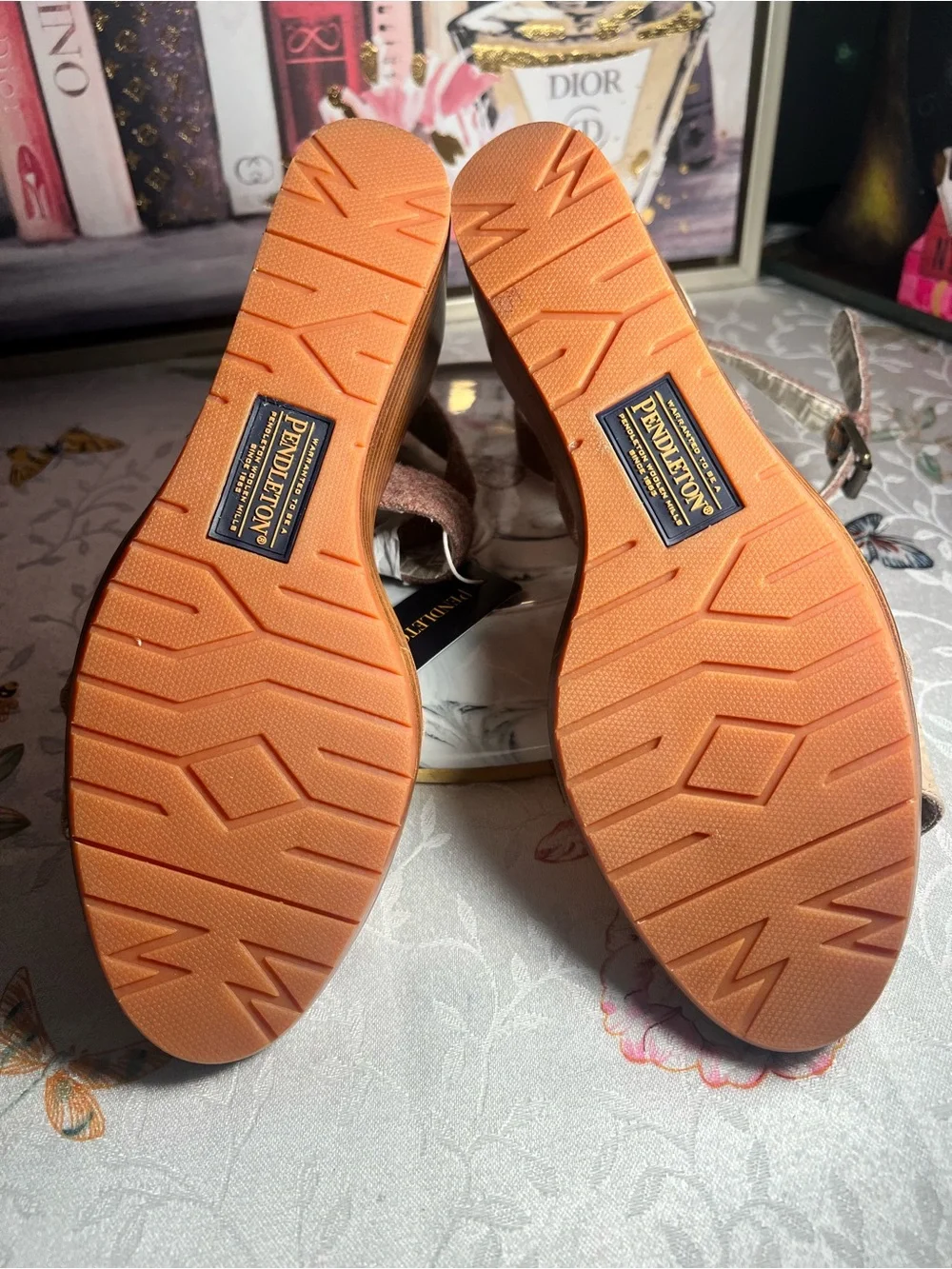 Pendleton Tan and Brown Crisscross Wedge Sandals